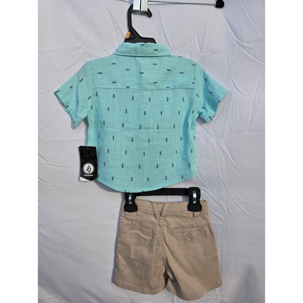 Volcom Toddler Boys 2-Piece Set Aqua Button Down Shirt and Khaki Shorts NEW - Picture 2 of 13